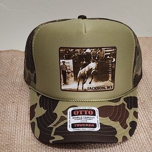 OTTO Green Camouflage Trucker Hat with Bucking Horse Design